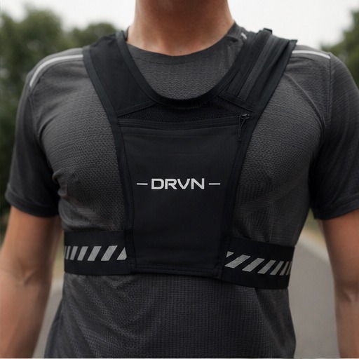 Close-up of the DRVN vest chest panel with reflective logo and zipped pocket